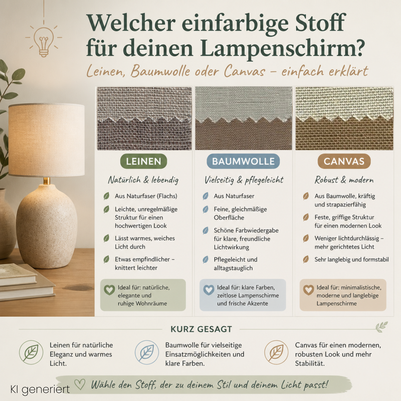 Welcher einfarbige Stoff für deinen Lampenschirm? Leinen, Baumwolle oder Canvas einfach erklärt